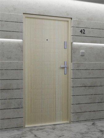 Drzwi wewnątrzklatkowe akustyczne wyciszające 47 dB antywłamaniowe RC3 55 mm stalowe z tłoczeniami z klamką inox srebrną dąb bielony T34