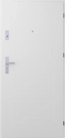 Drzwi wewnątrzklatkowe antywłamaniowe RC3 z Certyfikatem akustyczne wyciszające 47 dB 55 mm stalowe z tłoczeniami z klamką inox srebrną białe T34