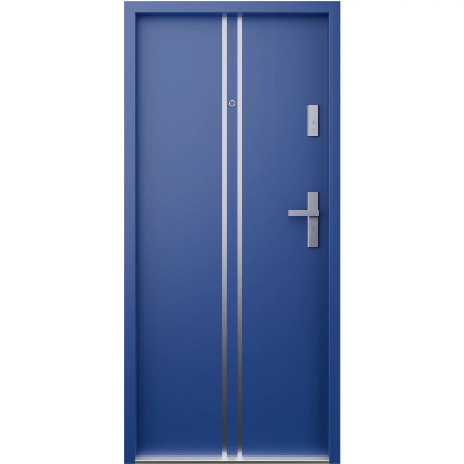 Drzwi wewnątrzklatkowe akustyczne wyciszające 47 dB antywłamaniowe RC3 55 mm stalowe z klamką inox srebrną i aplikacjami niebieskie A7