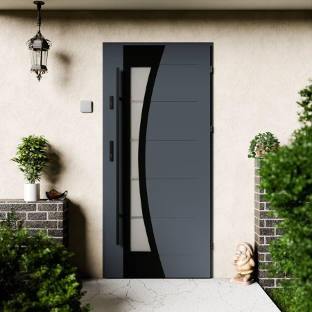 Drzwi zewnętrzne stalowe do domu Optima Black 72mm z antabą/pochwytem energooszczędne Ud=1.3 lustro weneckie szyba mleczna Program Czyste Powietrze