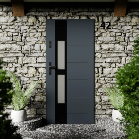 Drzwi zewnętrzne stalowe do domu Anda Black 72mm z klamką czarną energooszczędne Ud=1.3 lustro weneckie szyba mleczna Program Czyste Powietrze
