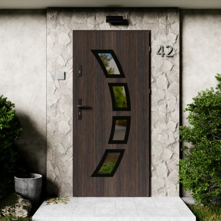 Drzwi zewnętrzne stalowe do domu Cinea Black 72mm z klamką czarną energooszczędne Ud=1.3 lustro weneckie szyba mleczna Program Czyste Powietrze