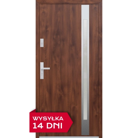 Drzwi zewnętrzne do domu stalowo aluminiowe 68 mm z szybą i klamką inox ATU68 orzech Program Czyste Powietrze M504