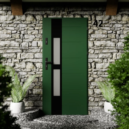 Drzwi zewnętrzne stalowe do domu Anda Black 72mm z klamką czarną energooszczędne Ud=1.3 lustro weneckie szyba mleczna Program Czyste Powietrze