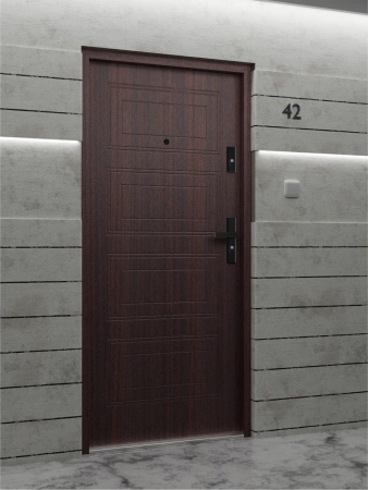 Drzwi wewnątrzklatkowe antywłamaniowe RC3 z Certyfikatem akustyczne wyciszające 47 dB 55 mm stalowe z tłoczeniami z klamką czarną mahoń T34