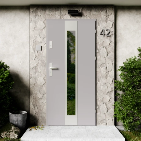 Drzwi zewnętrzne stalowe do domu Modern Inox 72mm z klamką energooszczędne Ud=1.3 przeszklone lustro weneckie szyba mleczna Program Czyste Powietrze