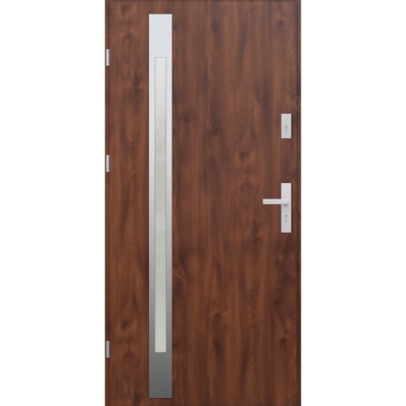 Drzwi zewnętrzne do domu stalowo aluminiowe 68 mm z szybą i klamką inox ATU68 orzech Program Czyste Powietrze M504