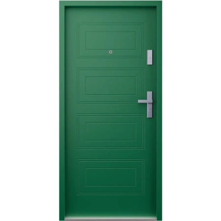 Drzwi wewnątrzklatkowe antywłamaniowe w klasie RC4 55 mm stalowe z klamką i zawiasami srebrnymi inox zielone T34