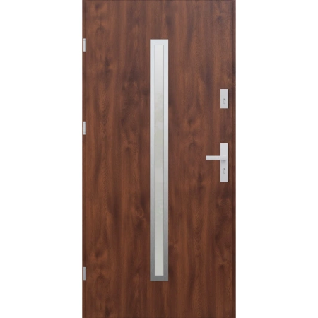 Drzwi zewnętrzne do domu stalowo aluminiowe 68 mm z szybą i klamką inox ATU68 orzech Program Czyste Powietrze M501
