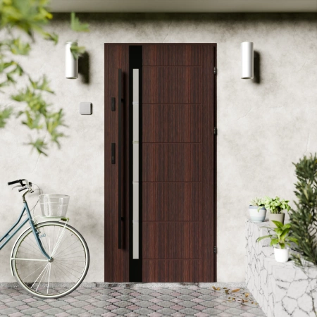 Drzwi zewnętrzne stalowe do domu Toreno Black 72mm z antabą/pochwytem energooszczędne Ud=1.3 lustro weneckie szyba mleczna Program Czyste Powietrze