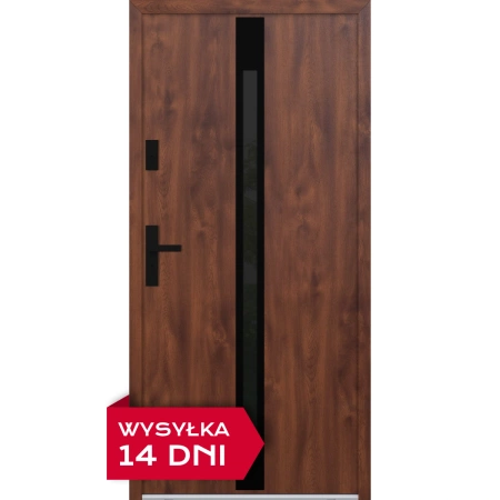 Drzwi zewnętrzne do domu stalowo aluminiowe 68 mm z szybą i klamką czarną ATU68 orzech Program Czyste Powietrze M525