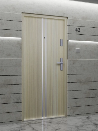 Drzwi wewnątrzklatkowe antywłamaniowe w klasie RC4 55 mm stalowe z klamką i zawiasami srebrnymi inox dąb bielony A7