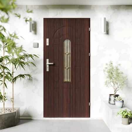 Drzwi zewnętrzne stalowe do domu Retro Inox 72mm z klamką srebrną energooszczędne Ud=1.3 z szybą Program Czyste Powietrze