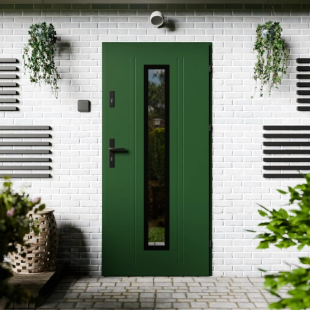 Drzwi zewnętrzne stalowe do domu Presto Black 72mm z klamką czarną energooszczędne Ud-1.3 lustro weneckie szyba mleczna Program Czyste Powietrze