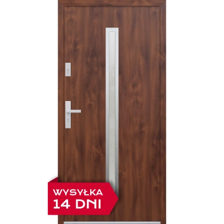Drzwi zewnętrzne do domu stalowo aluminiowe 68 mm z szybą i klamką inox ATU68 orzech Program Czyste Powietrze M501