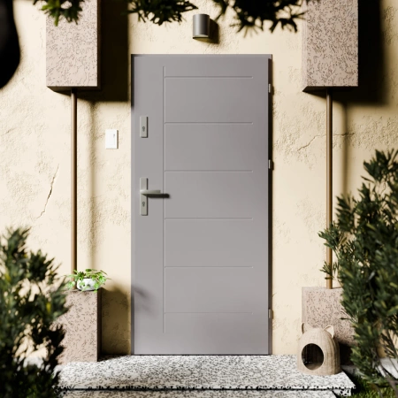 Drzwi zewnętrzne stalowe do domu Basic Inox 72mm z klamką srebrną energooszczędne Ud=1.3 bez szyby pełne Program Czyste Powietrze