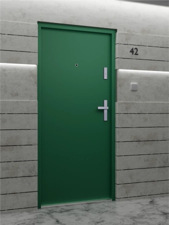 Drzwi wewnątrzklatkowe antywłamaniowe RC3 z Certyfikatem akustyczne wyciszające 47 dB 55 mm stalowe gładkie z klamką inox srebrną zielone G00