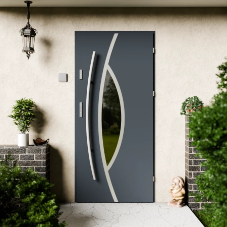 Drzwi zewnętrzne stalowe do domu Maestro Inox 72 mm z antabą/pochwytem energooszczędne Ud=1.3 lustro weneckie szyba mleczna Program Czyste Powietrze