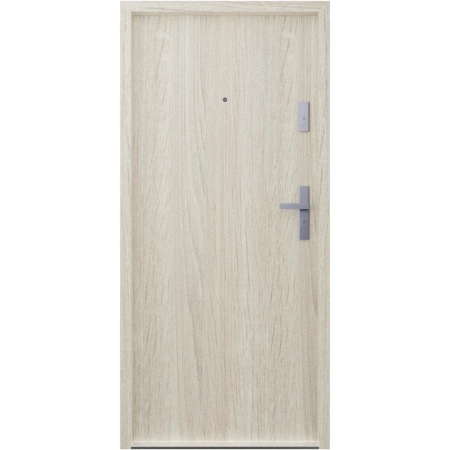 Drzwi wewnątrzklatkowe antywłamaniowe w klasie RC4 55 mm stalowe z klamką i zawiasami srebrnymi inox dąb sonoma G00