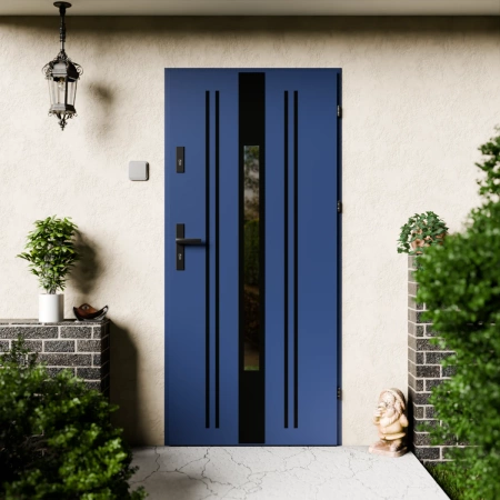 Drzwi zewnętrzne stalowe do domu Elegant Black 72mm z klamką czarną energooszczędne Ud=1.3 lustro weneckie szyba mleczna Program Czyste Powietrze