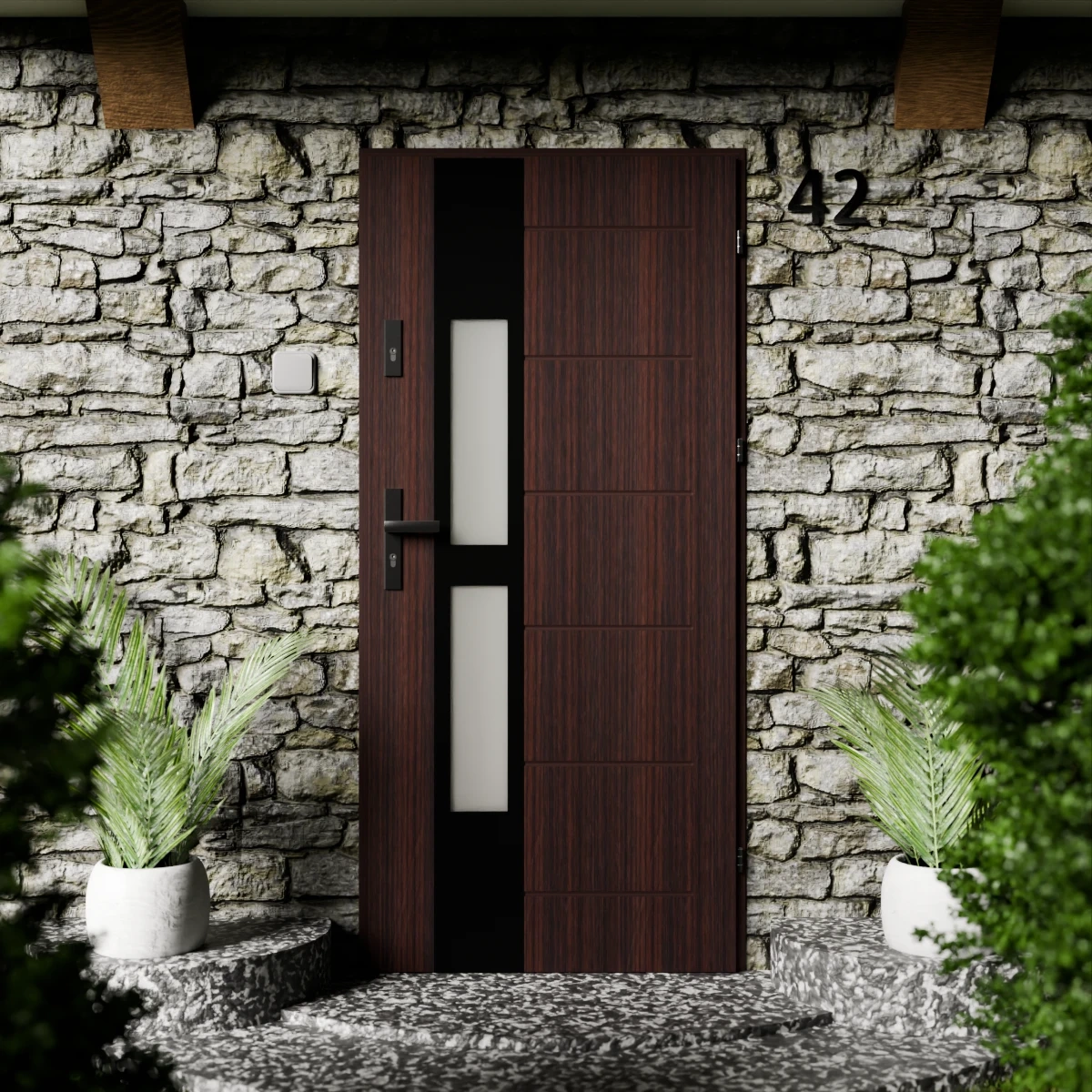 Drzwi zewnętrzne stalowe do domu Anda Black 72mm z klamką czarną energooszczędne Ud=1.3 lustro weneckie szyba mleczna Program Czyste Powietrze