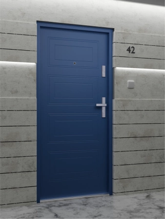 Drzwi wewnątrzklatkowe antywłamaniowe w klasie RC4 55 mm stalowe z klamką i zawiasami srebrnymi inox niebieskie T34