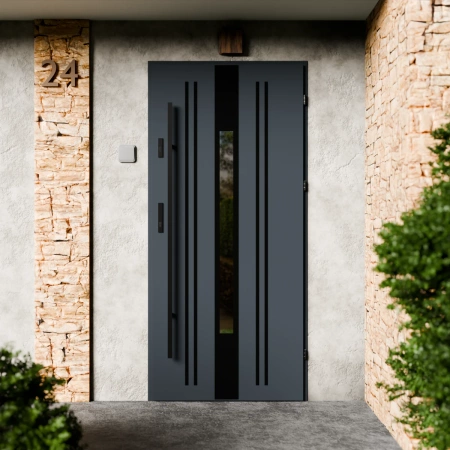 Drzwi zewnętrzne stalowe do domu Elegant Black 72mm z antabą/pochwytem energooszczędne Ud=1.3 lustro weneckie szyba mleczna Program Czyste Powietrze