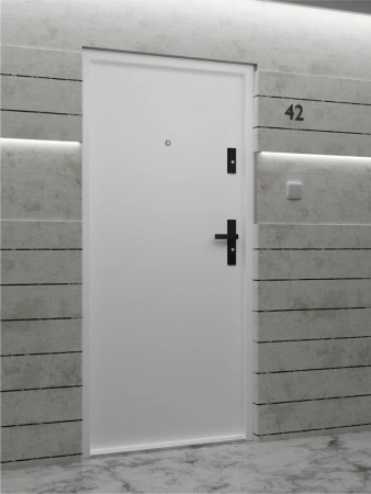 Drzwi wewnątrzklatkowe antywłamaniowe RC3 z Certyfikatem akustyczne wyciszające 47 dB 55 mm stalowe gładkie z klamką czarną białe struktura G00