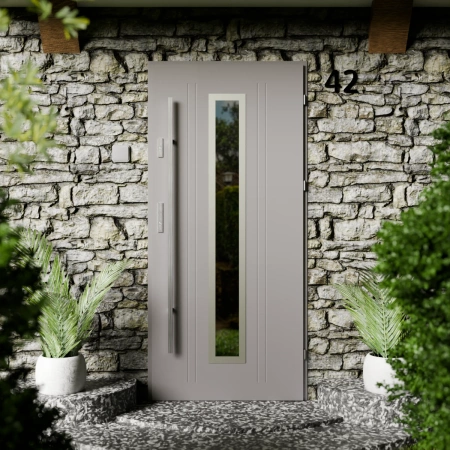 Drzwi zewnętrzne stalowe do domu Presto Inox 72mm z antabą/pochwytem energooszczędne Ud=1.3 lustro weneckie szyba mleczna Program Czyste Powietrze