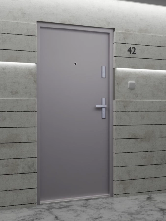 Drzwi wewnątrzklatkowe antywłamaniowe RC3 z Certyfikatem akustyczne wyciszające 47 dB 55 mm stalowe gładkie z klamką inox srebrną szare G00