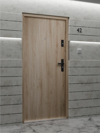 Drzwi wewnątrzklatkowe antywłamaniowe RC3 z Certyfikatem akustyczne wyciszające 47 dB 55 mm stalowe gładkie z klamką czarną dąb turner G00