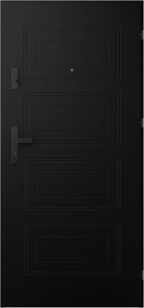 Drzwi wewnątrzklatkowe antywłamaniowe RC3 z Certyfikatem akustyczne wyciszające 47 dB 55 mm stalowe z tłoczeniami z czarną klamką czarne T34