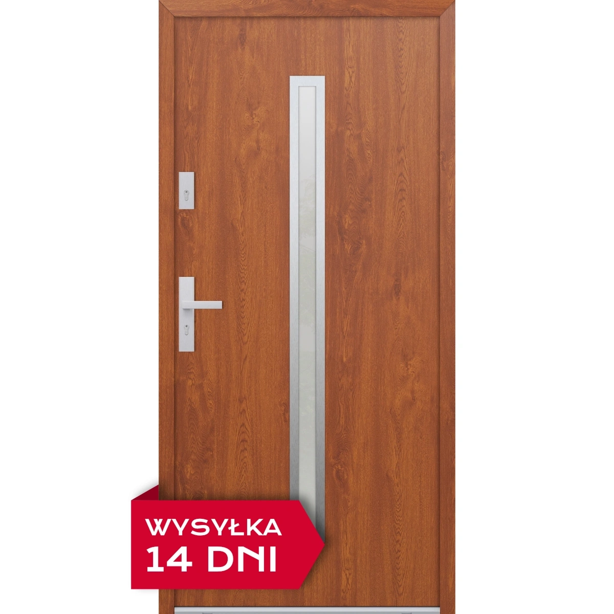 Drzwi zewnętrzne do domu stalowo aluminiowe 68 mm z szybą i okuciami inox ATU68 złoty dąb Program Czyste Powietrze M501