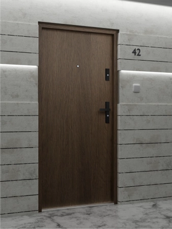 Drzwi wewnątrzklatkowe antywłamaniowe RC3 z Certyfikatem akustyczne wyciszające 47 dB 55 mm stalowe gładkie z klamką czarną dąb trufla G00