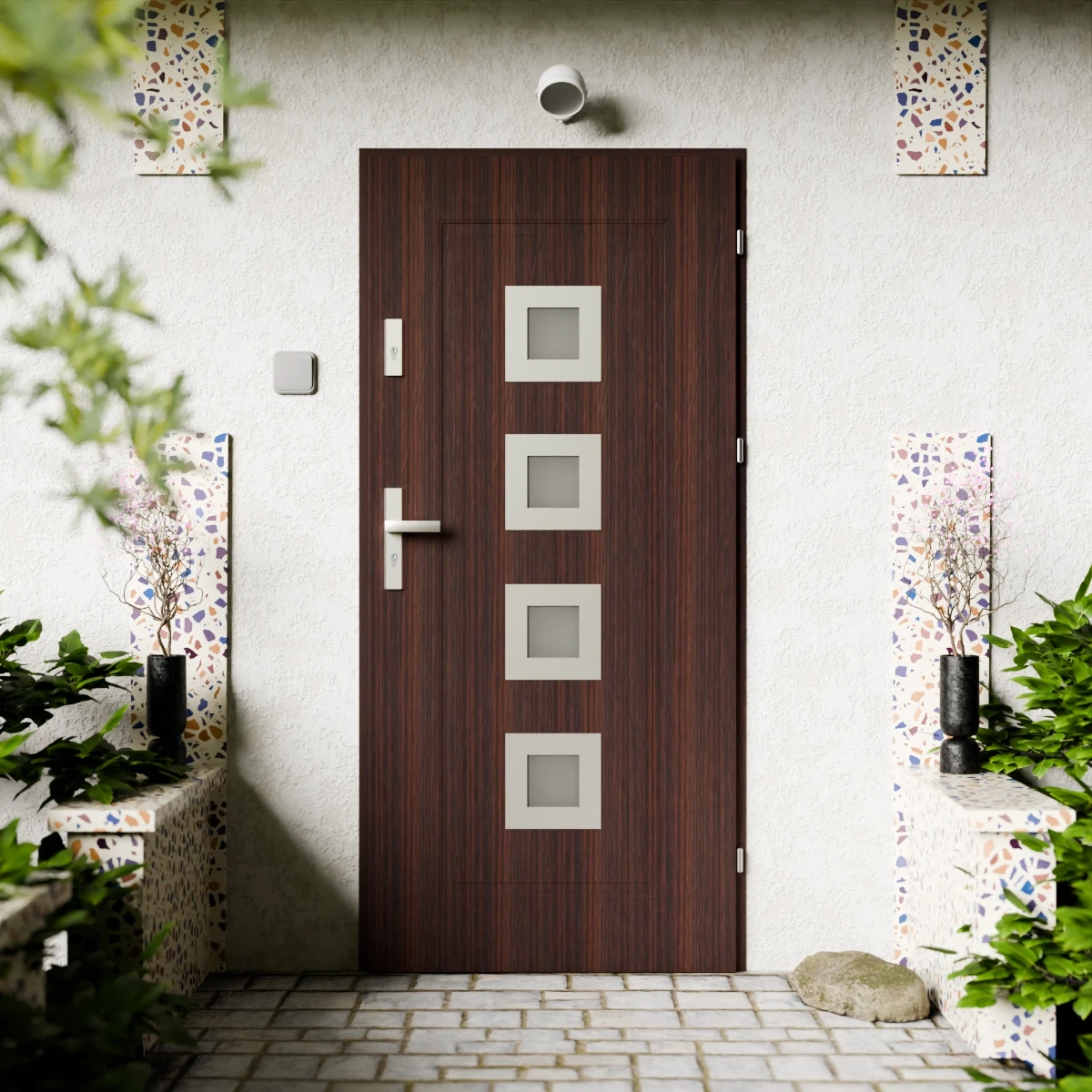 Drzwi zewnętrzne stalowe do domu Quarto Inox 72mm z klamką energooszczędne Ud=1.3 reflex brązowy i szary szyba mleczna Program Czyste Powietrze