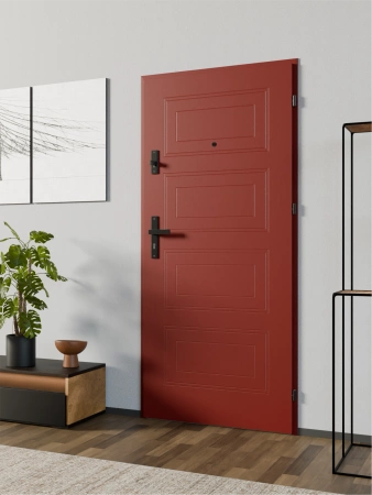 Drzwi wewnątrzklatkowe antywłamaniowe RC3 z Certyfikatem akustyczne wyciszające 47 dB 55 mm stalowe z tłoczeniami z klamką czarną czerwone T34