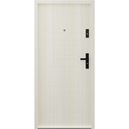 Drzwi wewnątrzklatkowe antywłamaniowe RC3 z Certyfikatem akustyczne wyciszające 47 dB 55 mm stalowe z tłoczeniami z klamką czarną dąb bielony T34