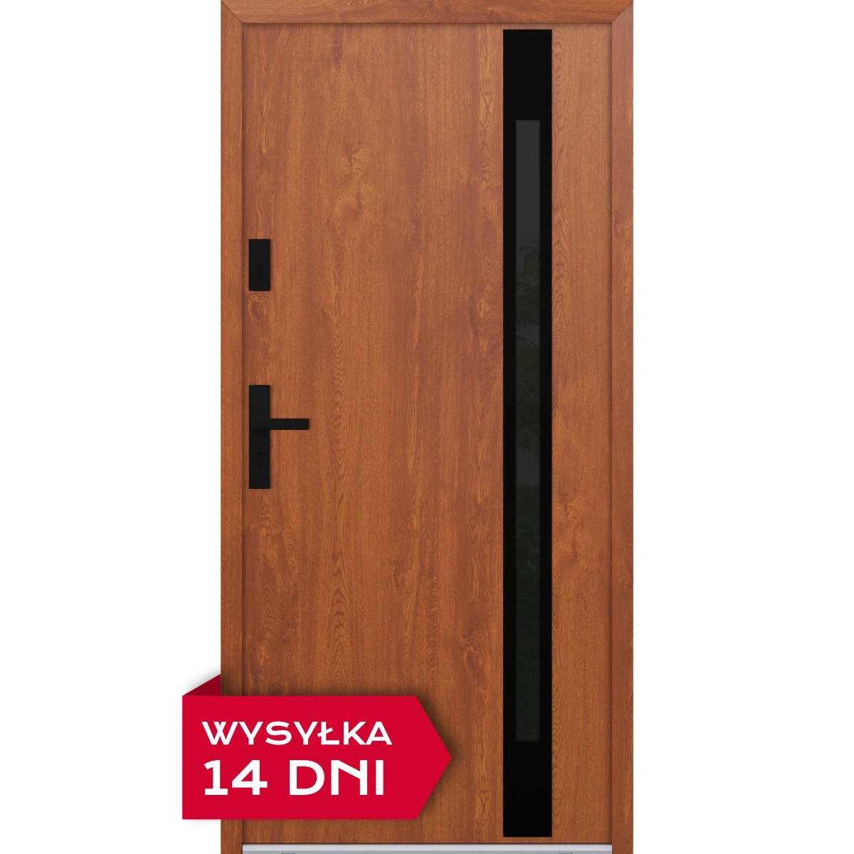 Drzwi zewnętrzne do domu stalowo aluminiowe 68 mm z szybą i czarnymi okuciami ATU68 złoty dąb Program Czyste Powietrze M524
