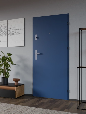 Drzwi wewnątrzklatkowe antywłamaniowe RC3 z Certyfikatem akustyczne wyciszające 47 dB 55 mm stalowe gładkie z klamką inox srebrną niebieskie G00