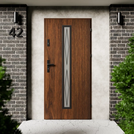 Drzwi zewnętrzne stalowe do domu Witro Black 72mm z klamką czarną energooszczędne Ud=1.3 szyba z nadrukiem ceramicznym Program Czyste Powietrze