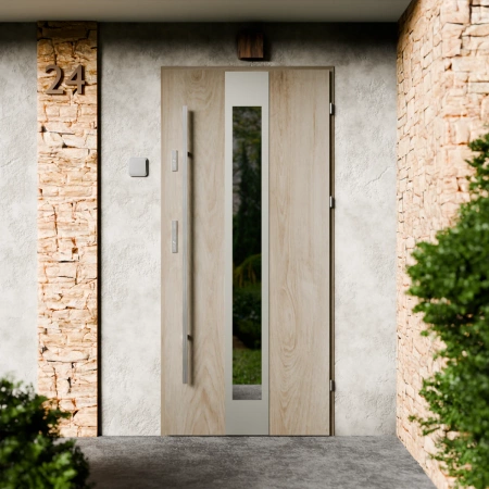 Drzwi zewnętrzne stalowe do domu Modern Inox 72mm z antabą/pochwytem energooszczędne Ud=1.3 lustro weneckie szyba mleczna Program Czyste Powietrze