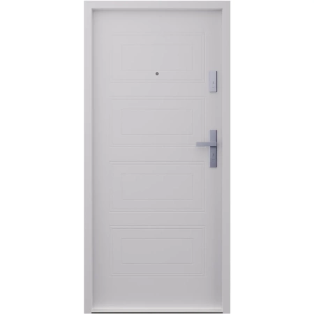 Drzwi wewnątrzklatkowe antywłamaniowe RC3 z Certyfikatem akustyczne wyciszające 47 dB 55 mm stalowe z tłoczeniami z klamką inox srebrną szare T34