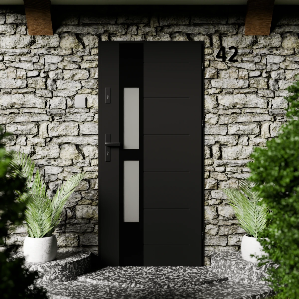 Drzwi zewnętrzne stalowe do domu Anda Black 72mm z klamką czarną energooszczędne Ud=1.3 lustro weneckie szyba mleczna Program Czyste Powietrze