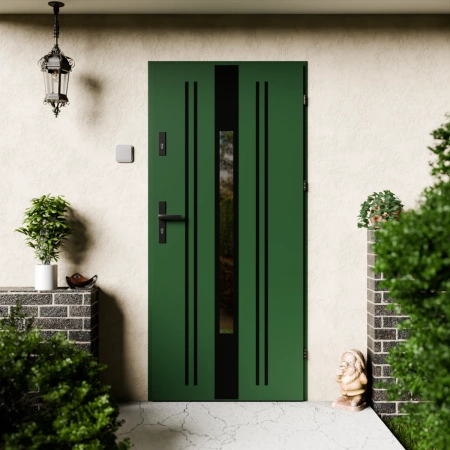 Drzwi zewnętrzne stalowe do domu Elegant Black 72mm z klamką czarną energooszczędne Ud=1.3 lustro weneckie szyba mleczna Program Czyste Powietrze