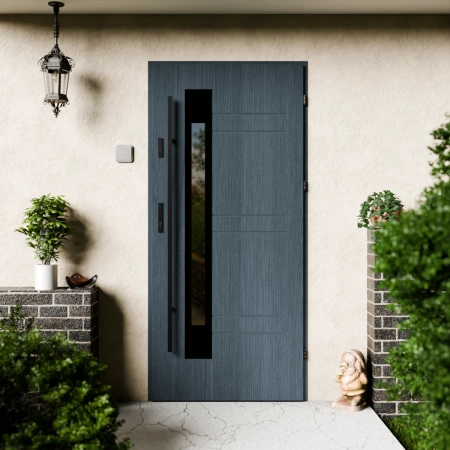 Drzwi zewnętrzne stalowe do domu Weno Black 72mm z antabą/pochwytem energooszczędne Ud=1.3 lustro weneckie szyba mleczna Program Czyste Powietrze