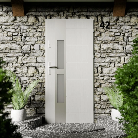 Drzwi zewnętrzne stalowe do domu Anda Inox 72mm z klamką energooszczędne Ud=1.3 lustro weneckie szyba mleczna Program Czyste Powietrze