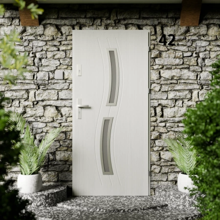 Drzwi zewnętrzne stalowe do domu Twista Inox 72mm z klamką energooszczędne Ud=1.3 lustro weneckie szyba mleczna Program Czyste Powietrze