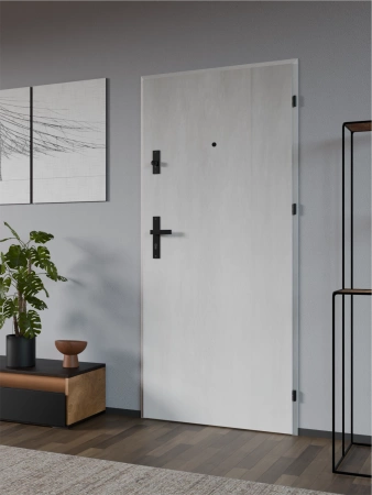 Drzwi wewnątrzklatkowe antywłamaniowe RC3 z Certyfikatem akustyczne wyciszające 47 dB 55 mm stalowe gładkie z klamką czarną beton G00