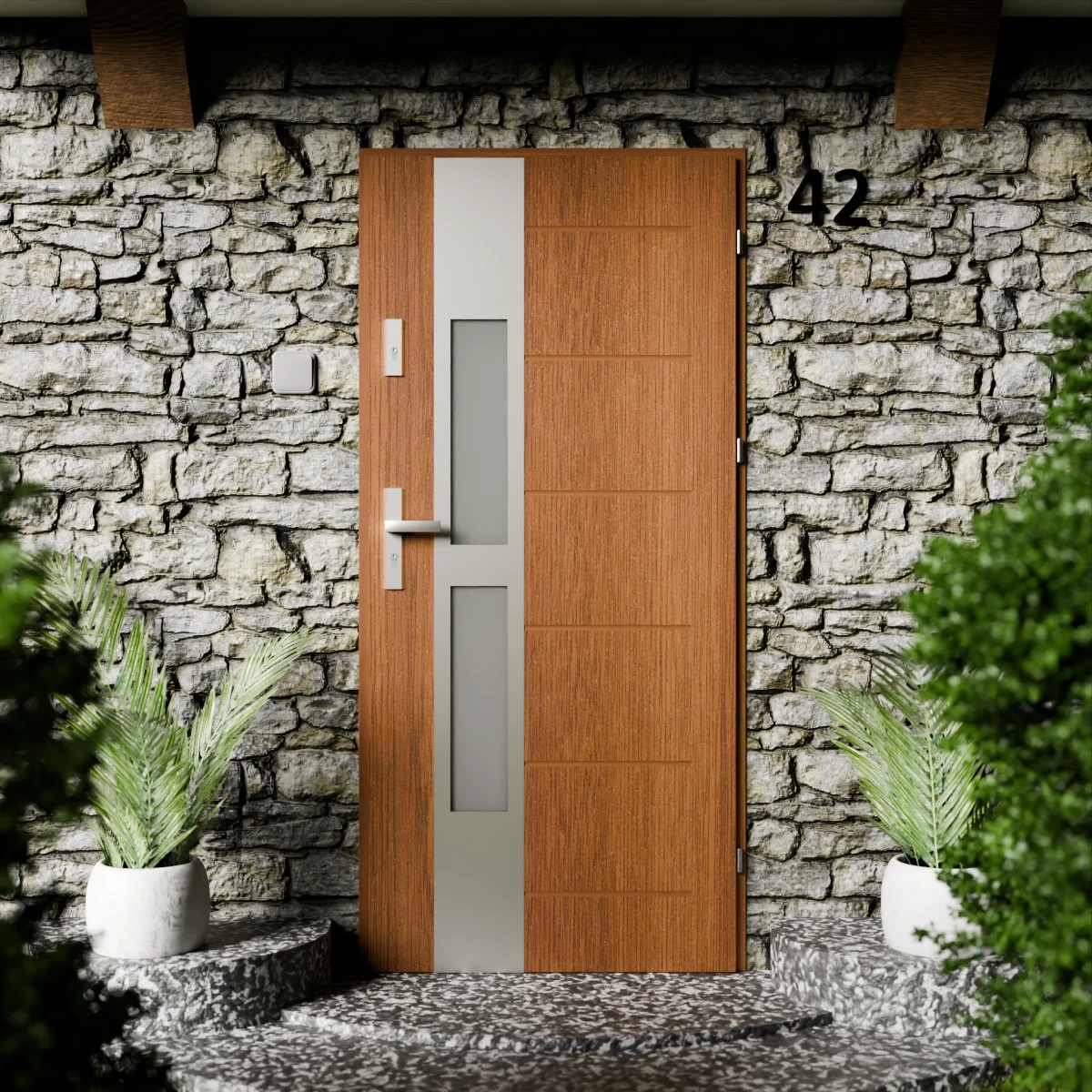 Drzwi zewnętrzne stalowe do domu Anda Inox 72mm z klamką energooszczędne Ud=1.3 lustro weneckie szyba mleczna Program Czyste Powietrze