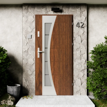 Optima Inox CK drzwi zewnętrzne 72 mm z klamką energooszczędne Ud-1.3 przeszklone lustro weneckie szyba mleczna Program Czyste Powietrze